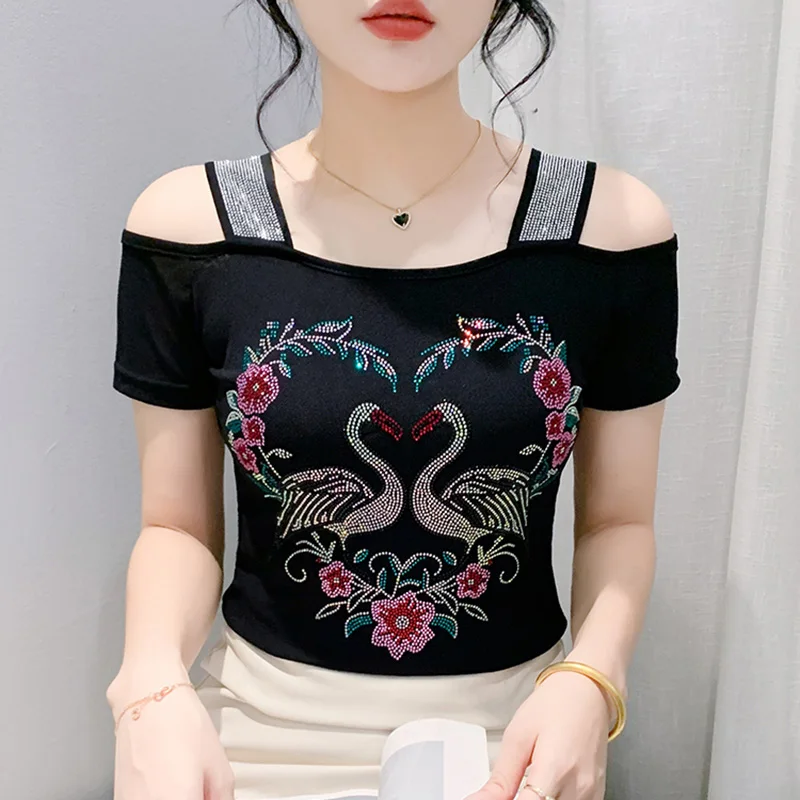 M-3XL High Quality Women Short Sleeve Top Summer New Sexy Off Shoulder Mesh Tees Hot Diamonds T-shirt Bluses