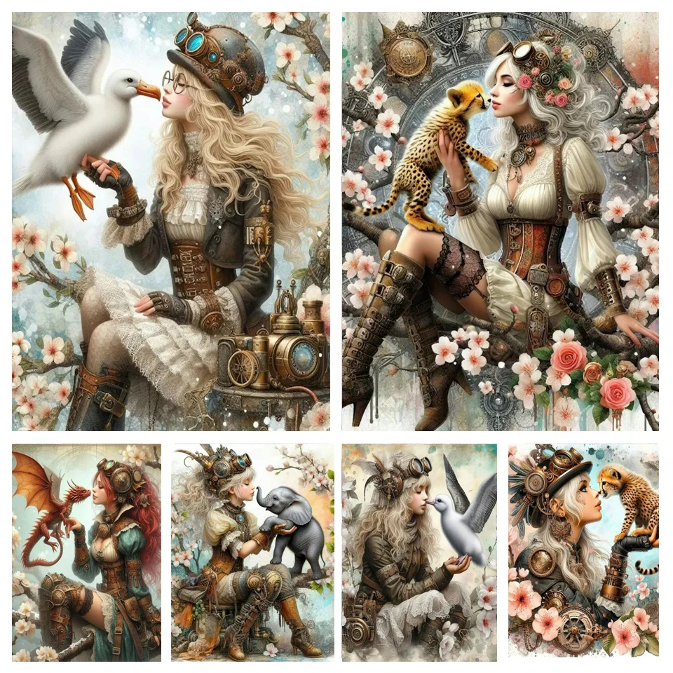 

Diamond Painting Steampunk Girl With Dragon Tiger Aniamls Art New 2024 5D DIY Diamond Mosaic Embroidery Cross Stitch Kits