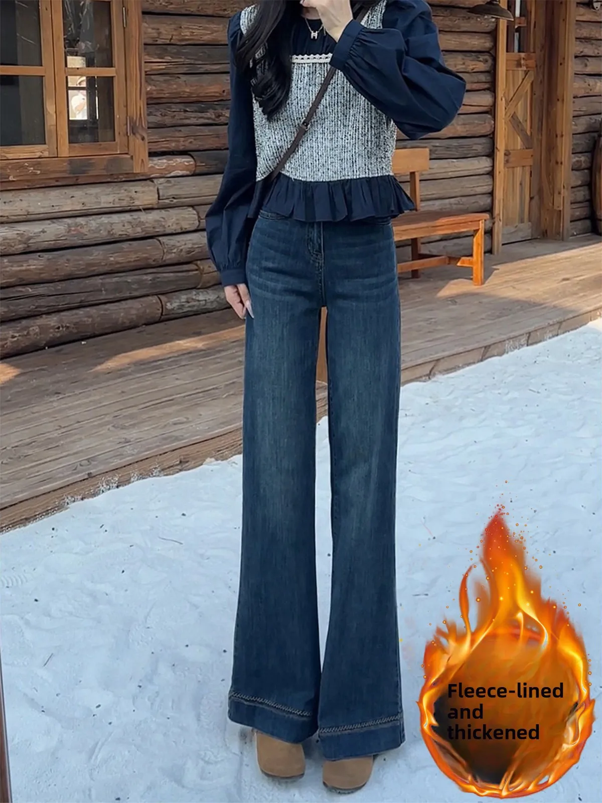 

Ретро-синие джинсы-клеш с флисовой подкладкой, прямые, с высокой талией, женские, весенние, новые, универсальные, стройнящие, длинные брюки