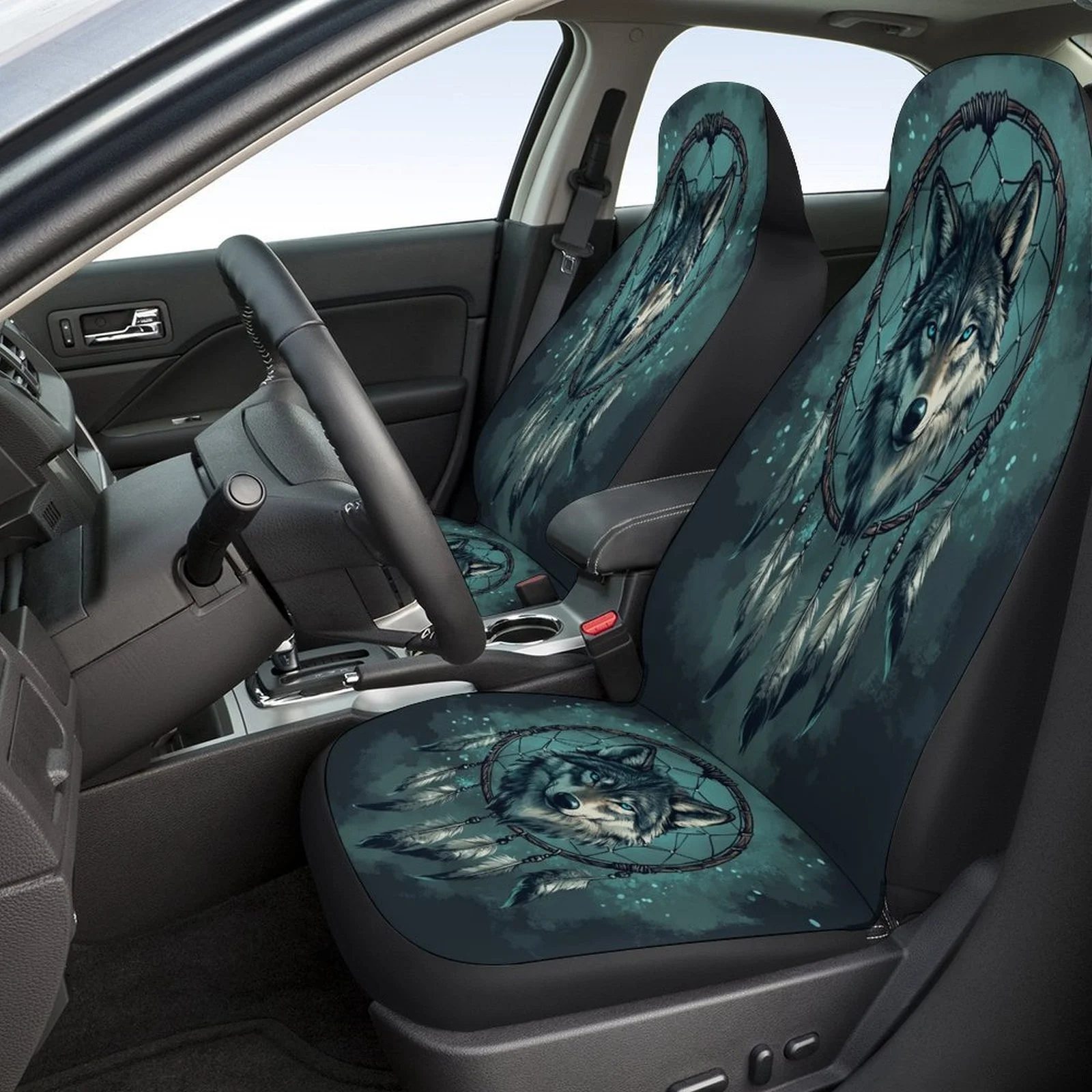 Wolf Dreamcatcher Themed Car Seat Cover Set For Most Cars, Fashion Personalized Novelty Car Seat Protector Covers Full Set, Univ