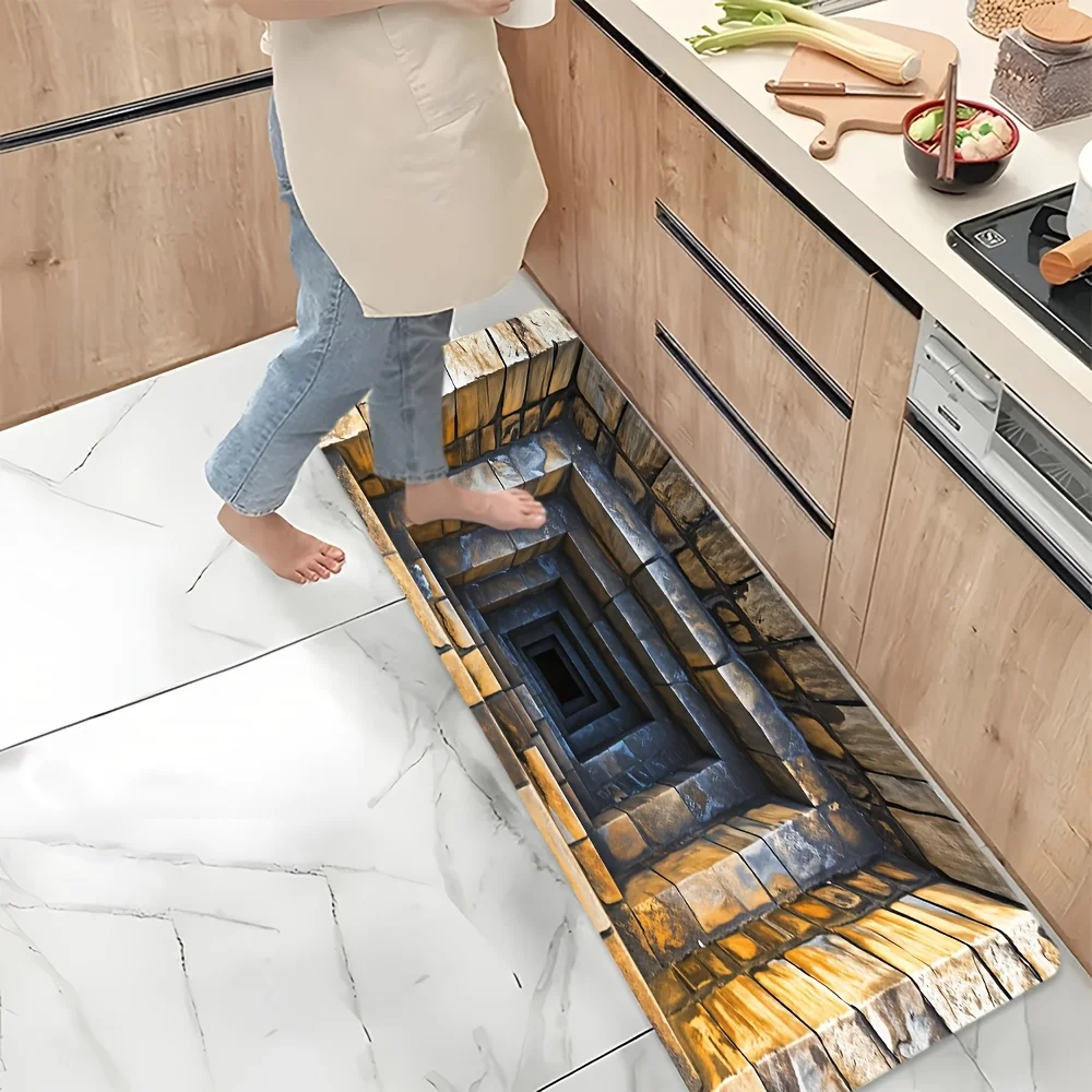 3D Staircase Trap Illusion Diatomaceous Earth Kitchen Rug, Non-Slip Rubber Back, Fast Drying, Decor Mat for Bathroom,Washroom