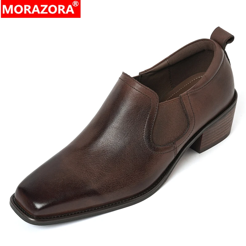 

MORAZORA Genuine Leather Shoes Women Square Toe Mid Heels Retro Loafers Slip On Spring Autumn Single Shoes Ladies Footwear