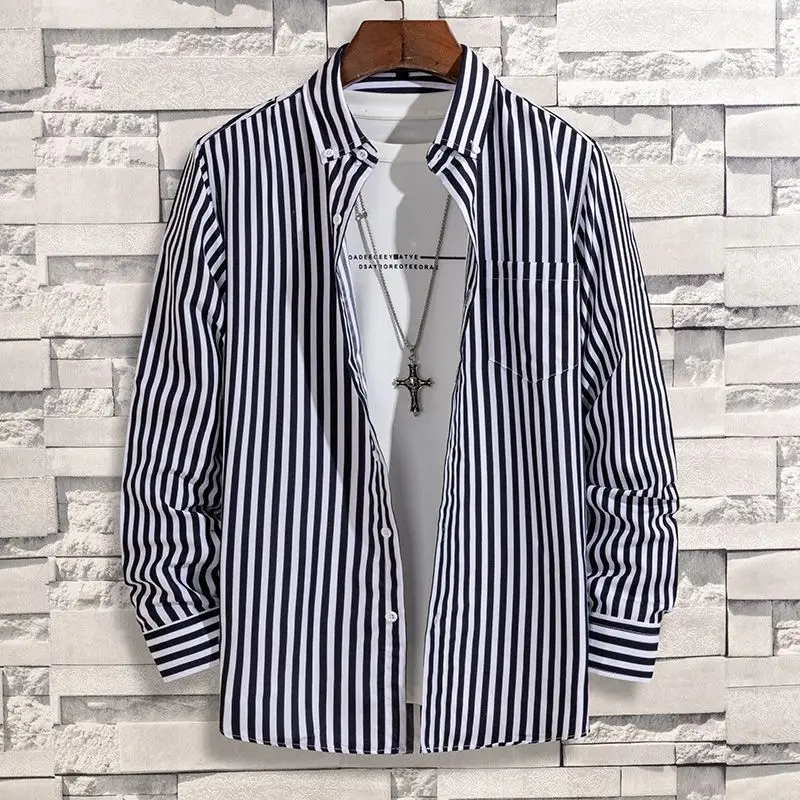 New Men\'s 2024 Spring and Autumn Splice Square Collar Button Stripe Fashion Loose Minimalist Versatile Casual Long Sleeve Shirts