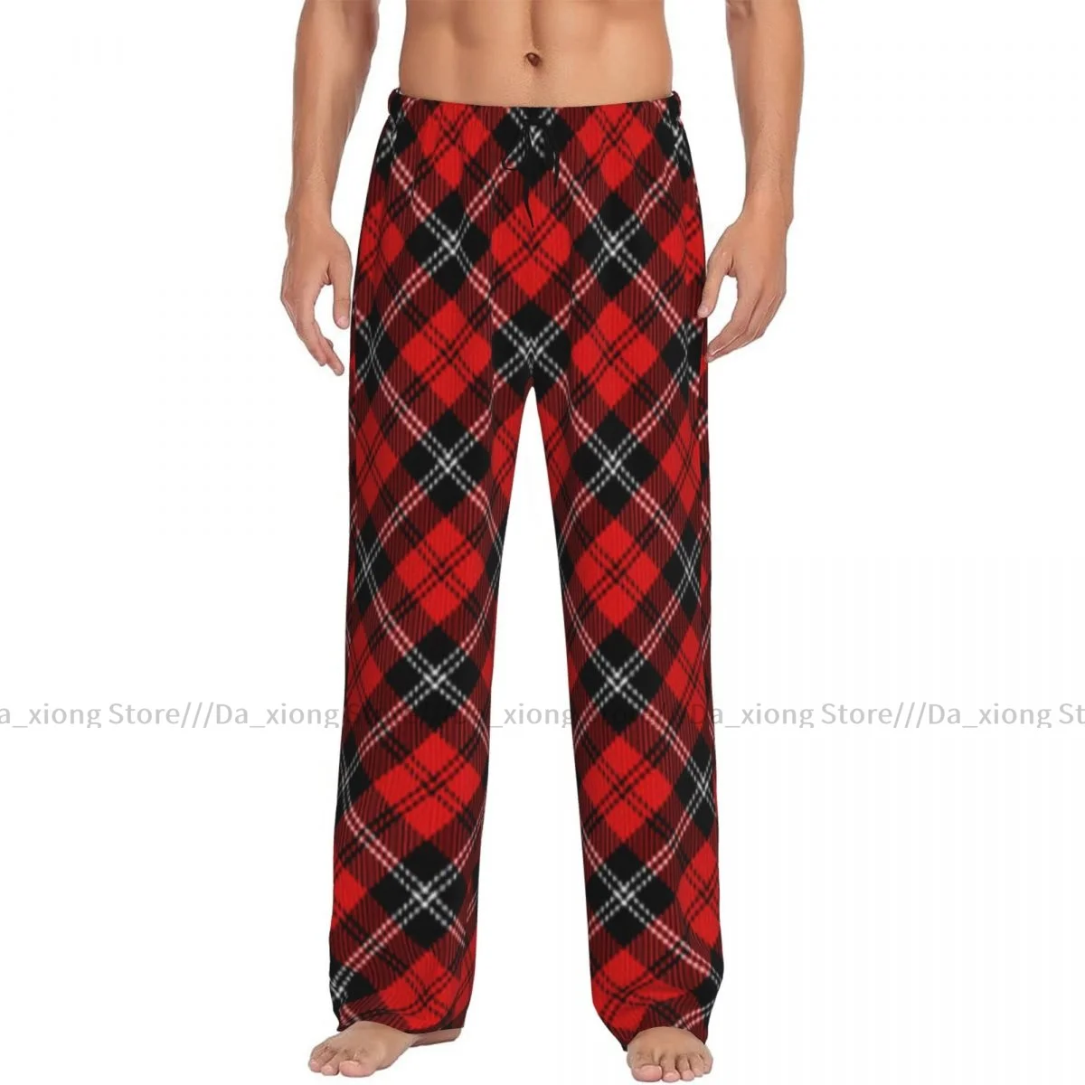 Mens Casual Pajama Long Pant Loose Elastic Waistband Diagonal Tartan Plaid Cozy Sleepwear Home Lounge Pants