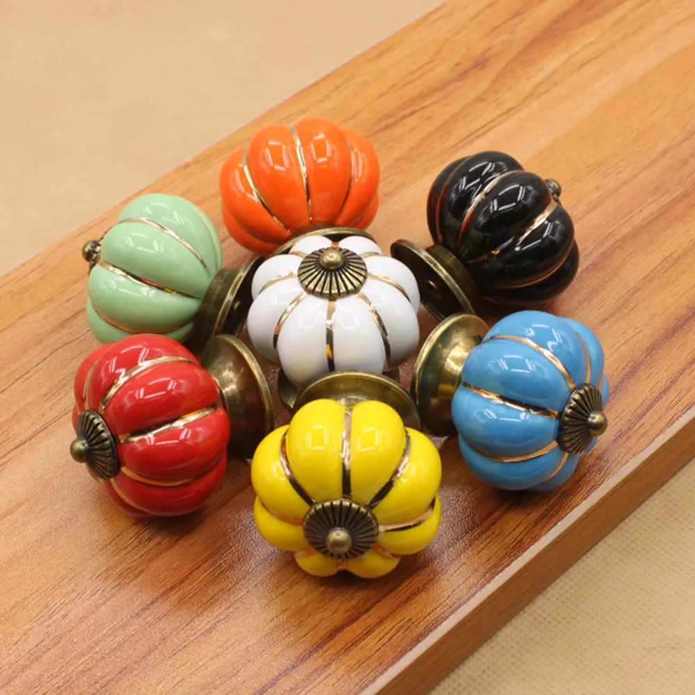 6Pcs Classical Pumpkin Style Ceramic Knobs Drawer Pulls for Cabinet Wardrobe Chest of Drawers Cupboard Furniture Hardware Green