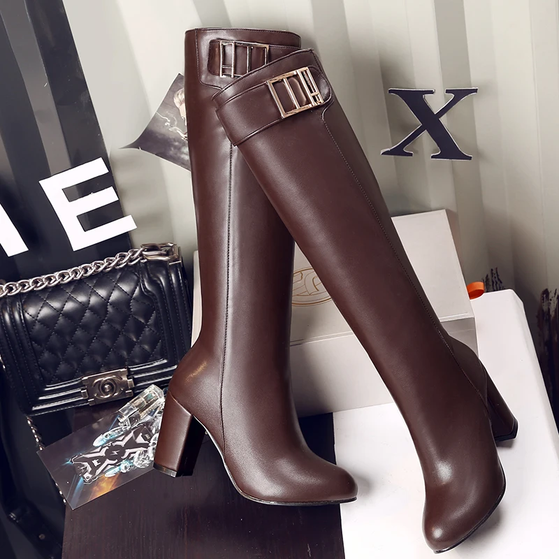 Women's new thick heel, super high heels, round toe leather boots, solid color boots, fashionable and simple leather belt buckle women's boots, women's shoes with slim knees, high cut women's boots, women's shoes, over