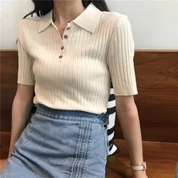 Korean Style Korean 2024 Women Elegant And Casual Polo Plunge Neck Short Sleeve Knitted Shirt Crop Tops