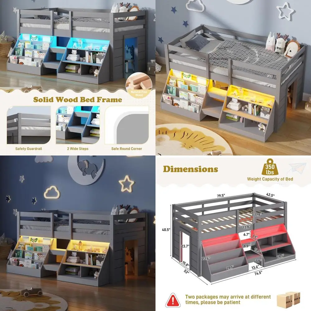 

Grey Twin Bed with LED Lights, Stairs, Bookcase, Safety Rail, and Play Space Underneath