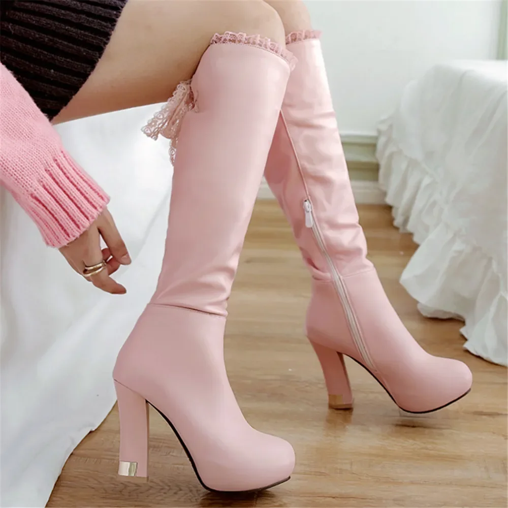 2024 Spring Autumn Knee High Boots Women Fashion Square Heel Zipper Lace Long Boots Woman Leather Shoes Winter White Pink Black