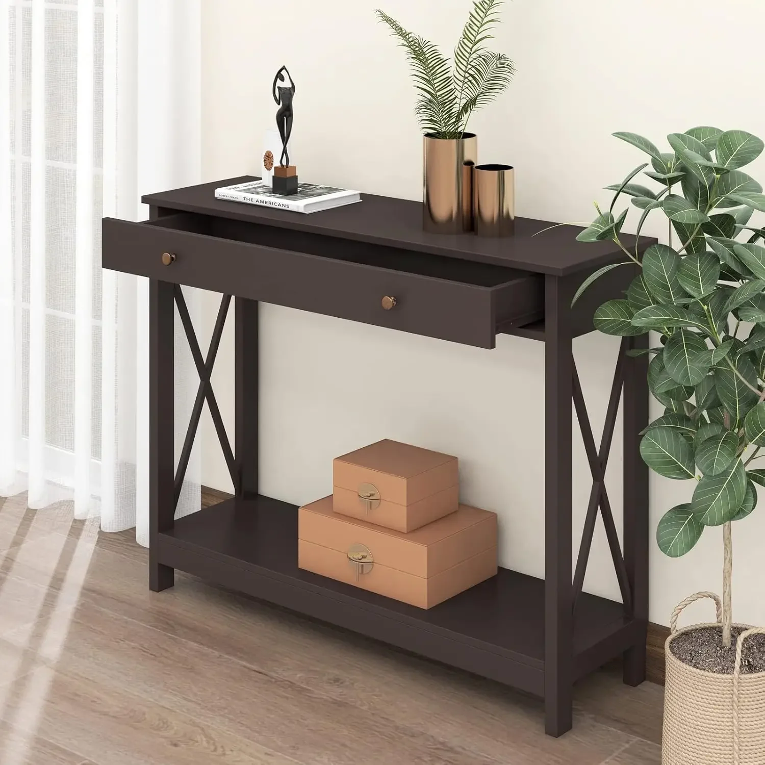 

Treocho Farmhouse Console Table with Drawer and Storage Shelves, Foyer Sofa Table Narrow for Entryway, Living Room, Hallway