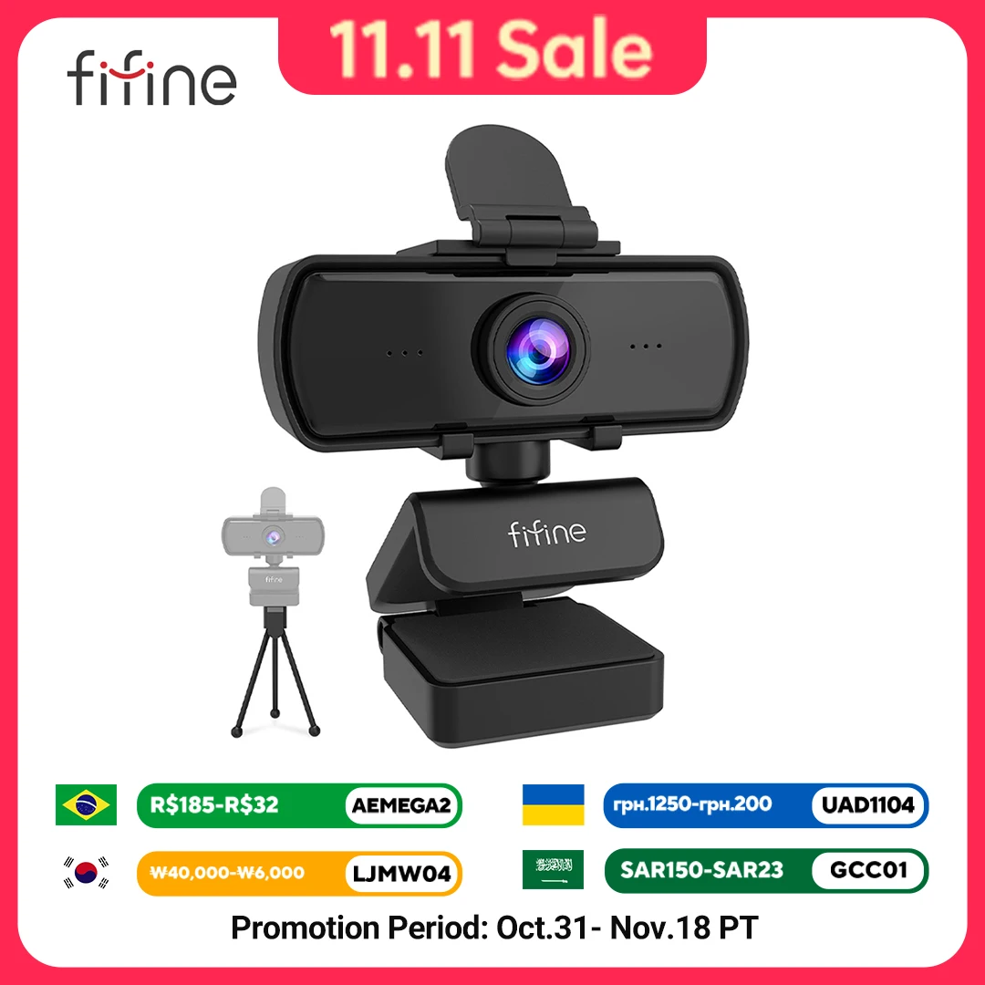 Webcam FIFINE 1440p Full HD para PC com Microfone, Tripé, para Desktop e Laptop, Webcam para Transmissão ao Vivo e Chamadas de Vídeo - K420