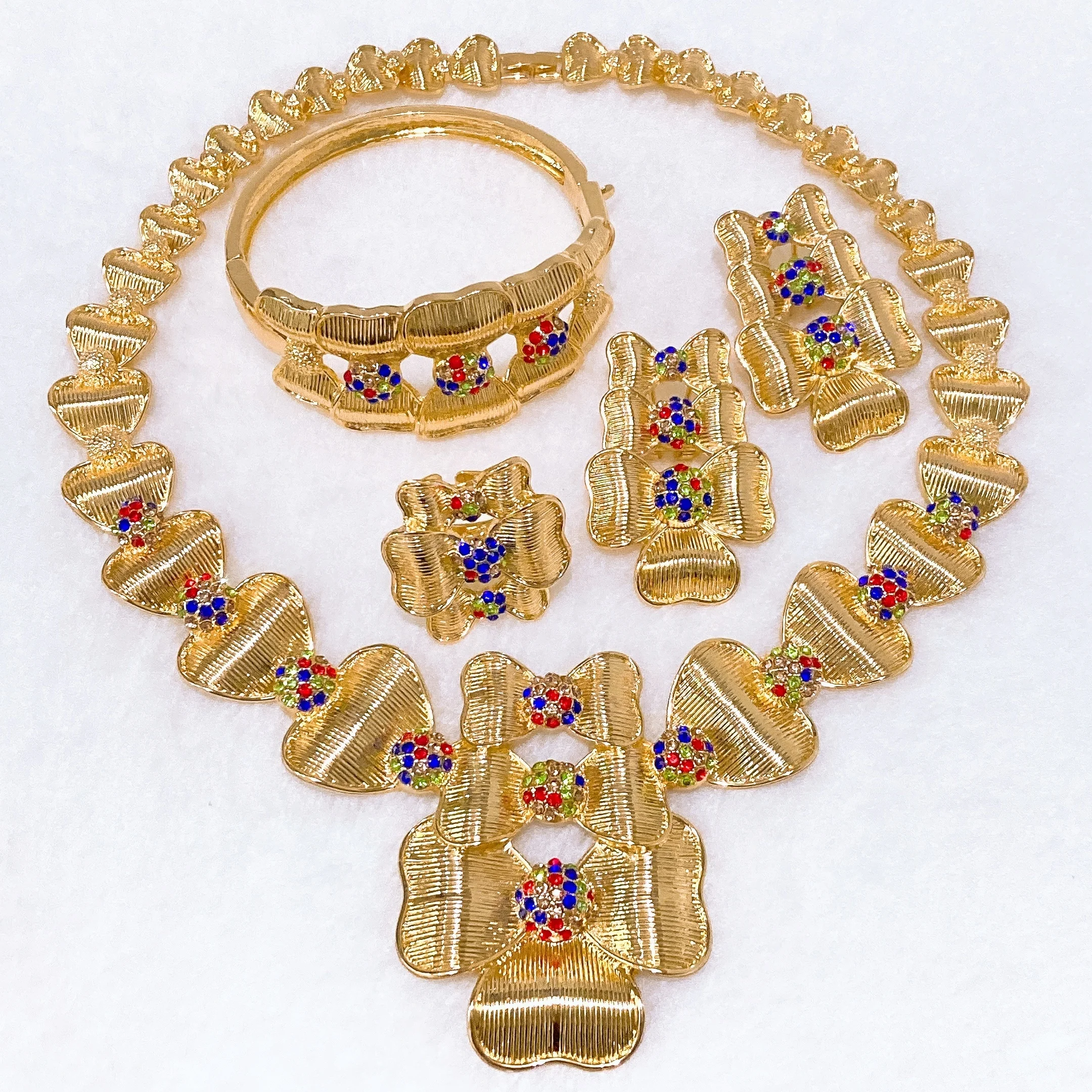 Gorgeous Hotsale Two Tone Bow-Knot Jewelry set Fashionable Fancy llaveros Collar Pulseras pin Pendient tentacles Anillo 4PC Set