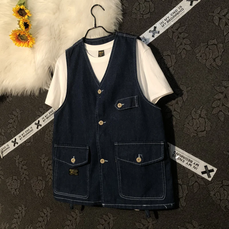 

Retro Japanese Sle Men's Denim Vest Spring Autumn Outerwear Jaet with Big kets Workwear Sle V-Ne Single Button