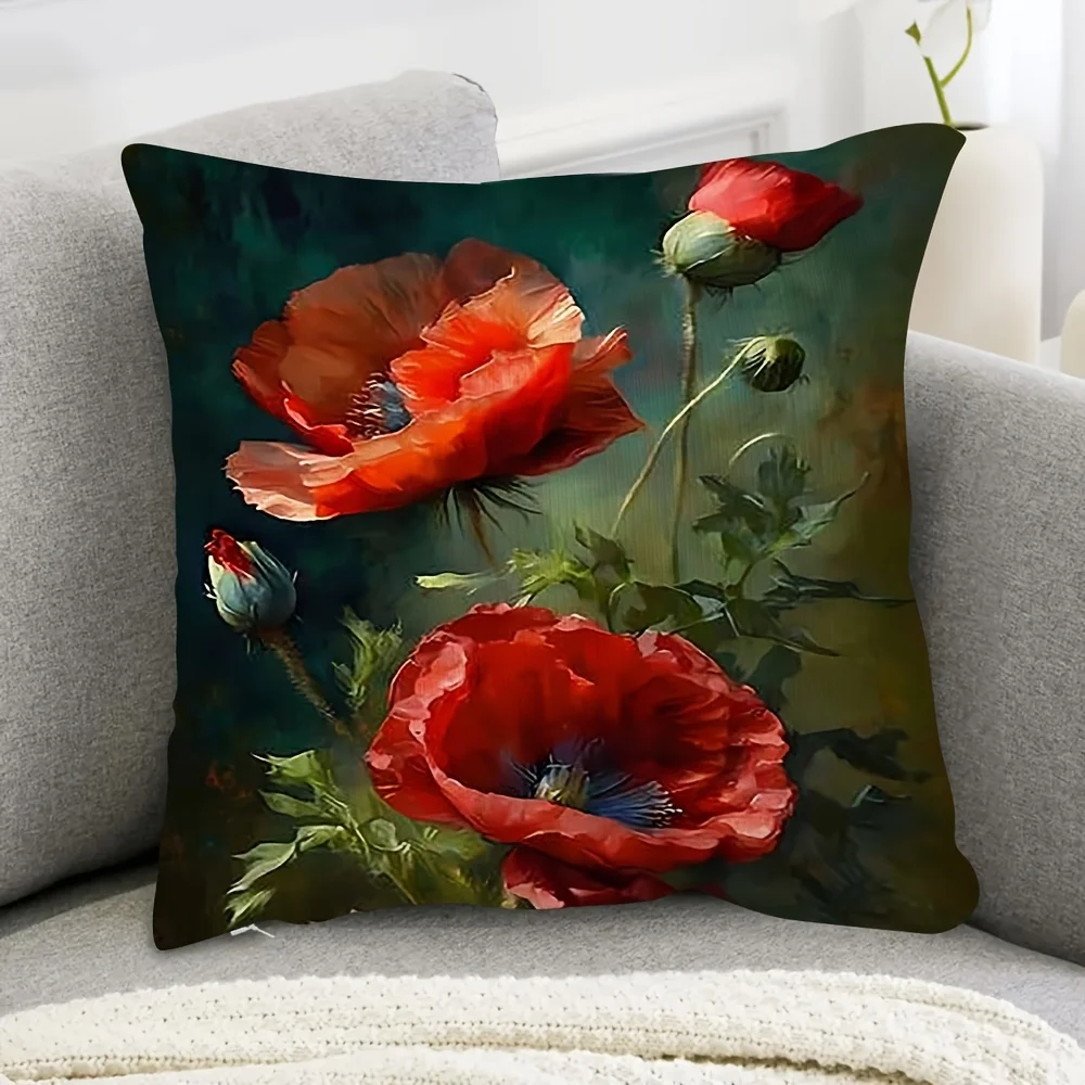 Doppelseitiger Vintage Kissenbezug mit roten Mohnblumen, Ölgemälde-Blumendruck, weicher Zierkissenbezug für Heimdekoration, Geschenk