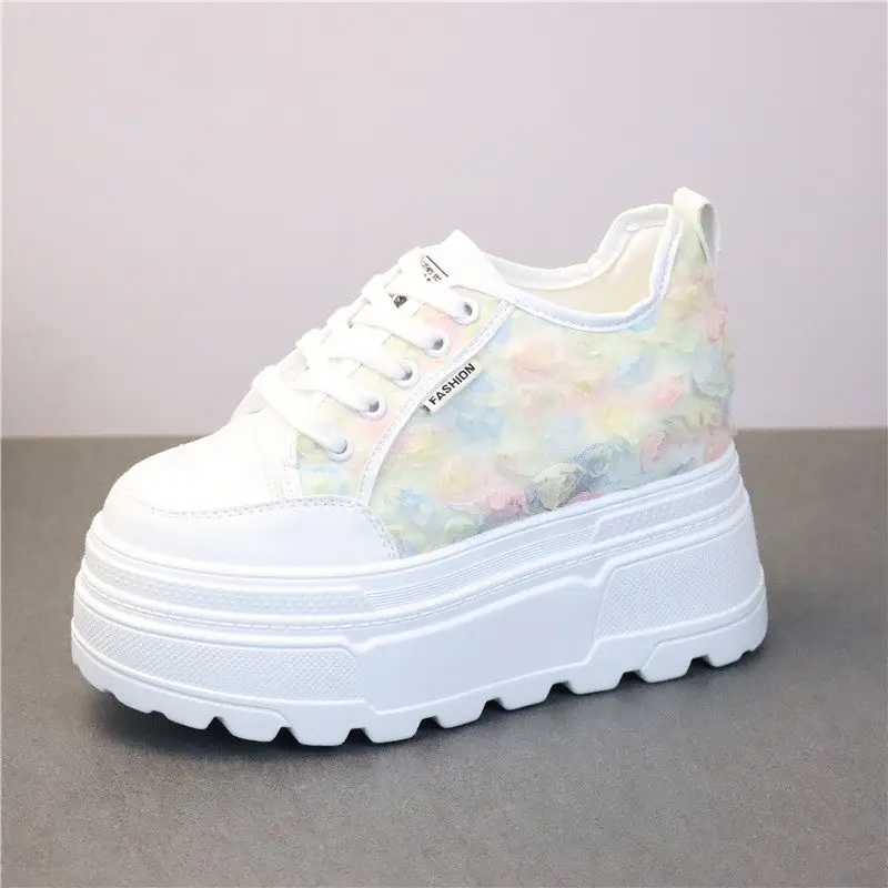 

All-Match Women Floral White Casual Shoes 12CM Height Increasing Mesh Breathable Net Sneakers for Female Daily Wear