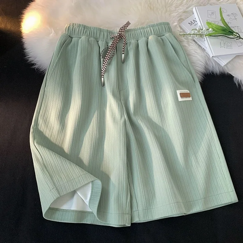 

Ice Silk Men's orts Hong Kong Sle Sports Casual Beachwear Loose Eighteen Pants Polyester Fiber Straight Leg mid Waist