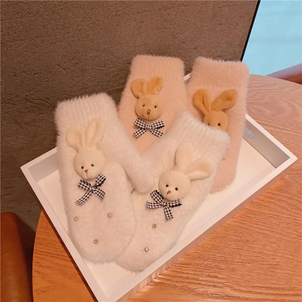 

Winter Warm Bow Plush Gloves Thicken Full Finger Mittens Student Knitted Gloves Soft Bear Cute Gloves Driving