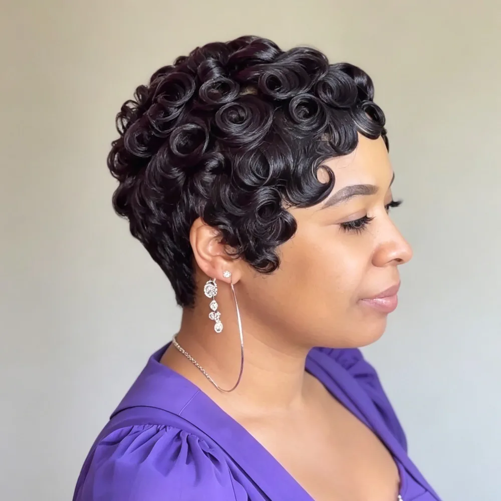 Short Curly Pixie Cut Wig Human Hair Glueless Brazilian Remy Hair Natural Black Machine Made Wig Breathable Cap for Women