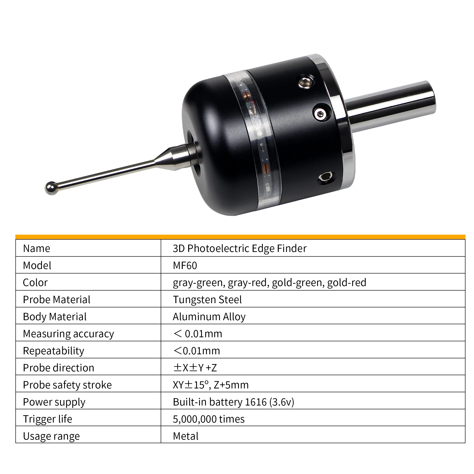 High Precision 3D Light Edge Finder, Touch Probe Tool, Setter Setter para CNC Milling Engraving Machine, MF60