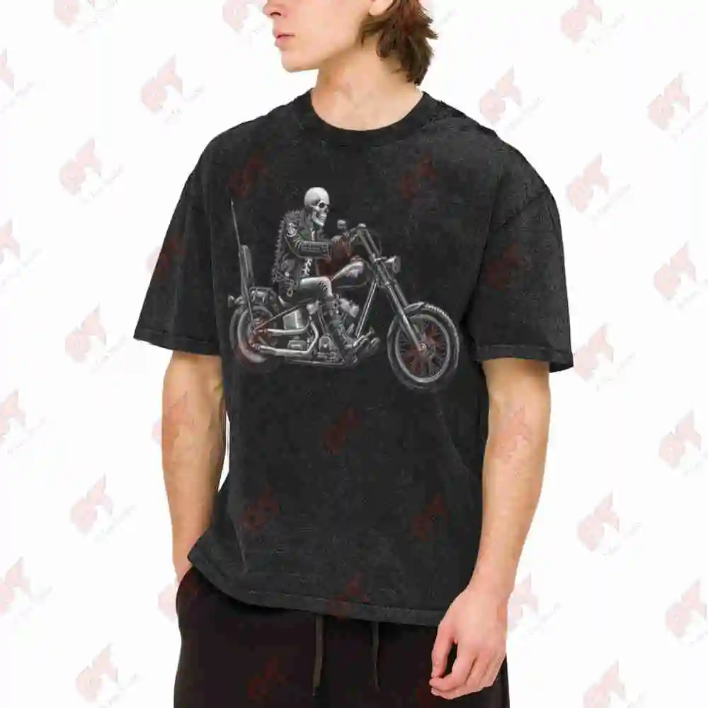 Rebel Rider Skeleton Chopper Motorcycle Vintage Washed Tee Pure Cotton T-Shirt