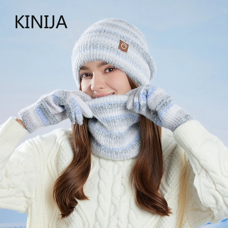 Winter Cap Gloves Scarf Set Women GradientColor Knitted Hat Thickened Fleece Lining Skullcap Outdoor Cycling Windproof Beanies