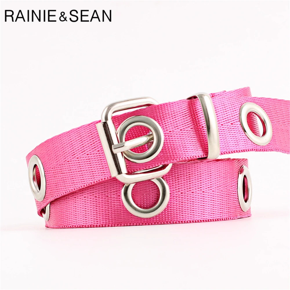 RAINIE SEAN Long Canvas Belt Women Pink Fashion Hollow Out Ladies Dress Belt Female Extra Long Belts Soft Belt Holes 120cm 140cm