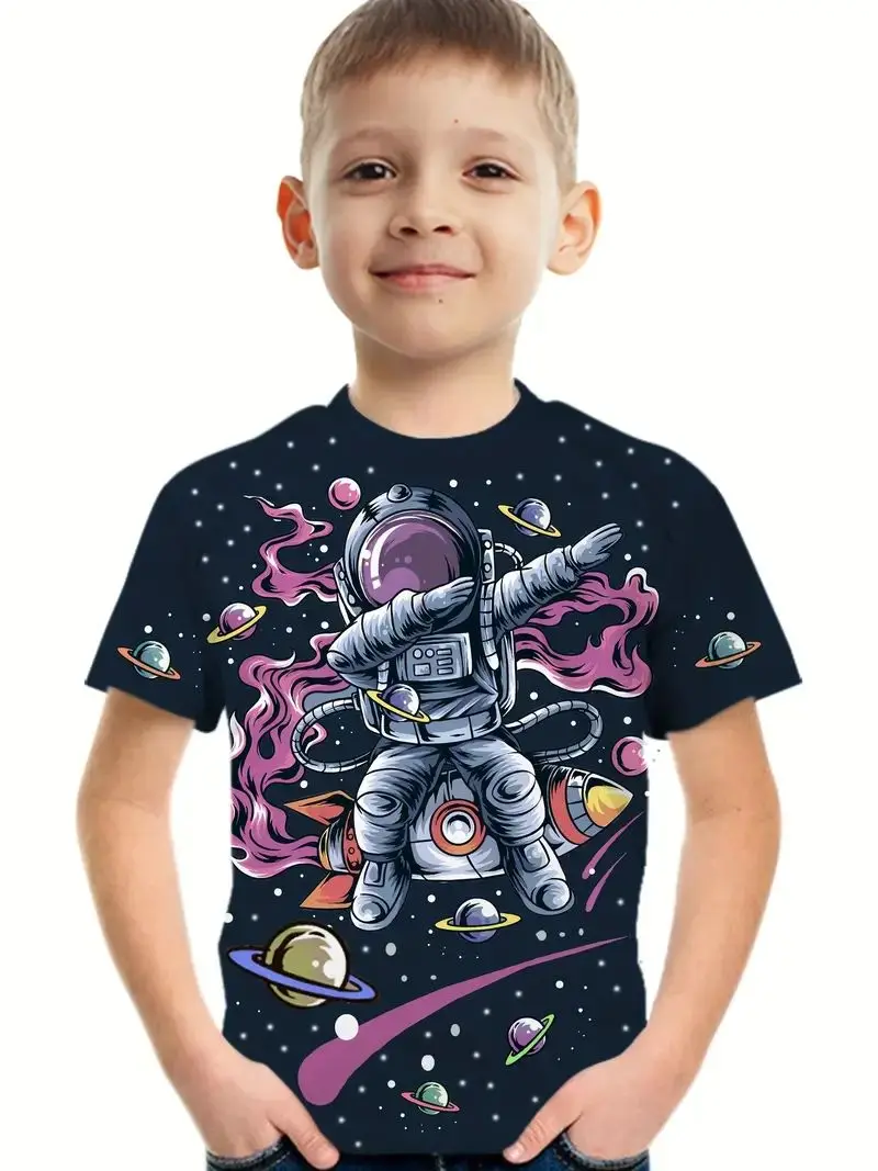 

Новинка 2024, популярная детская футболка из серии астронавтов с 3D принтом, Летний Мужской пуловер в мультяшном стиле с круглым вырезом и коротким рукавом