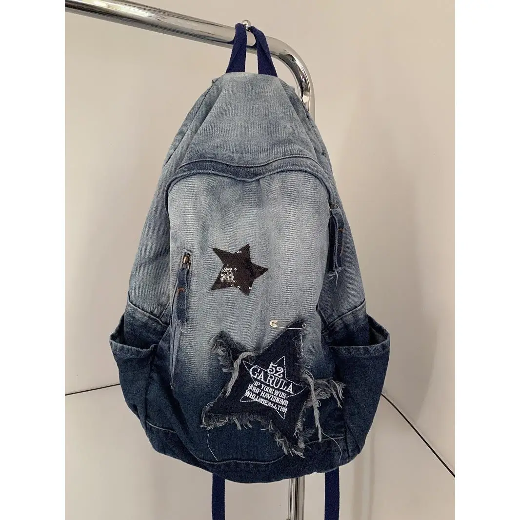 Women\'s Y2k Backpack Korean Style Denim School Bag For Girl Star Pattern Teenager Student Schoolbag Book Embroidery Bagpack New