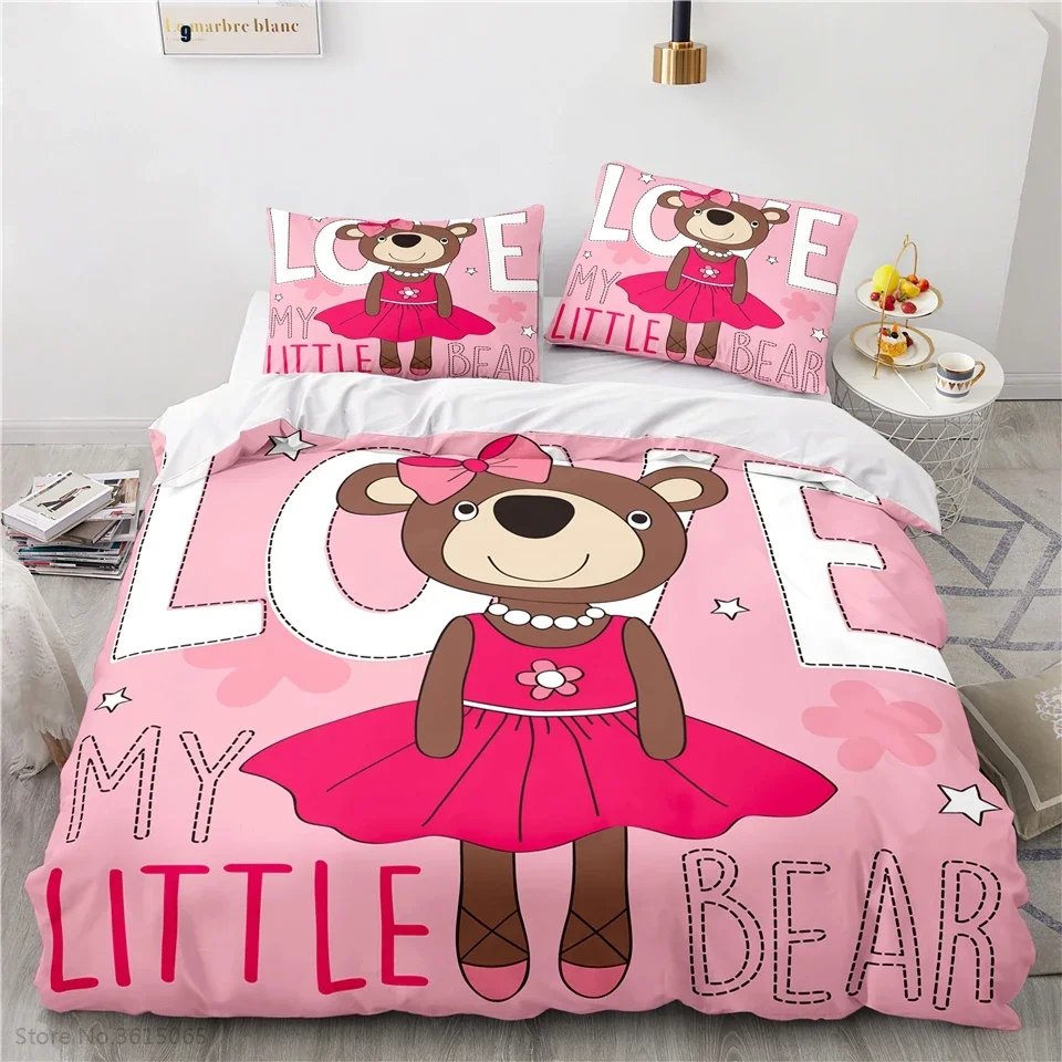 Lovely Miss Bear Bedding Set Children Cartoon 3d Duvet Cover Sets Pillowcase Boys Girls Kid Bedclothes Twin Full Queen King Size