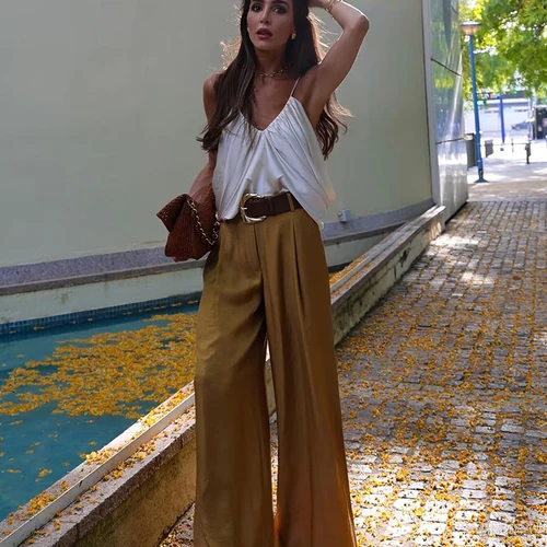 Imagen 2 del producto Pantalones de cintura alta para mujer, novedad de verano 2021, pantalones ajustados elegantes de pierna ancha para mujer, pantalones cómodos de viaje de verano Joker a la moda elegantes