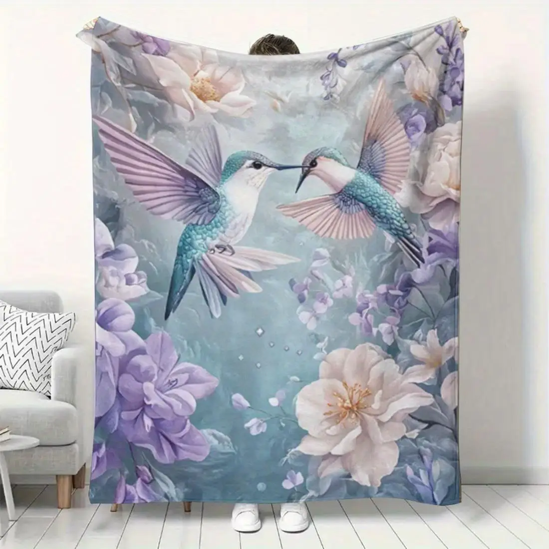 Blue Hummingbird and Floral Pattern Fleece Blanket Romantic Garden Theme Soft Warm Throw Interior Decoration Bedding Cover