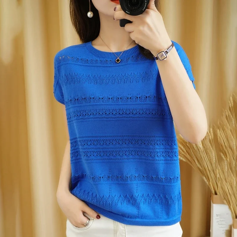 

2023 New Summer Women Knitted T shirts Solid Color Knitwear Pullover Loose Short Sleeve Basic Tops