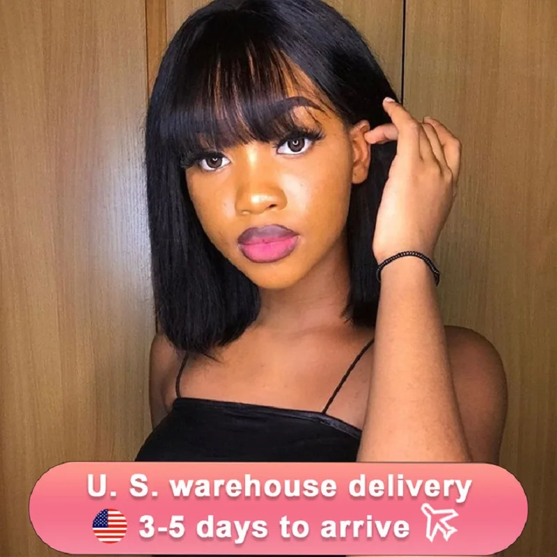 

Human Hair Wigs Bob Wigs with Bangs Short Straight Hair Wigs 100% Brazilian Remy Human Hair None Lace Front Wigs Glueless Wigs