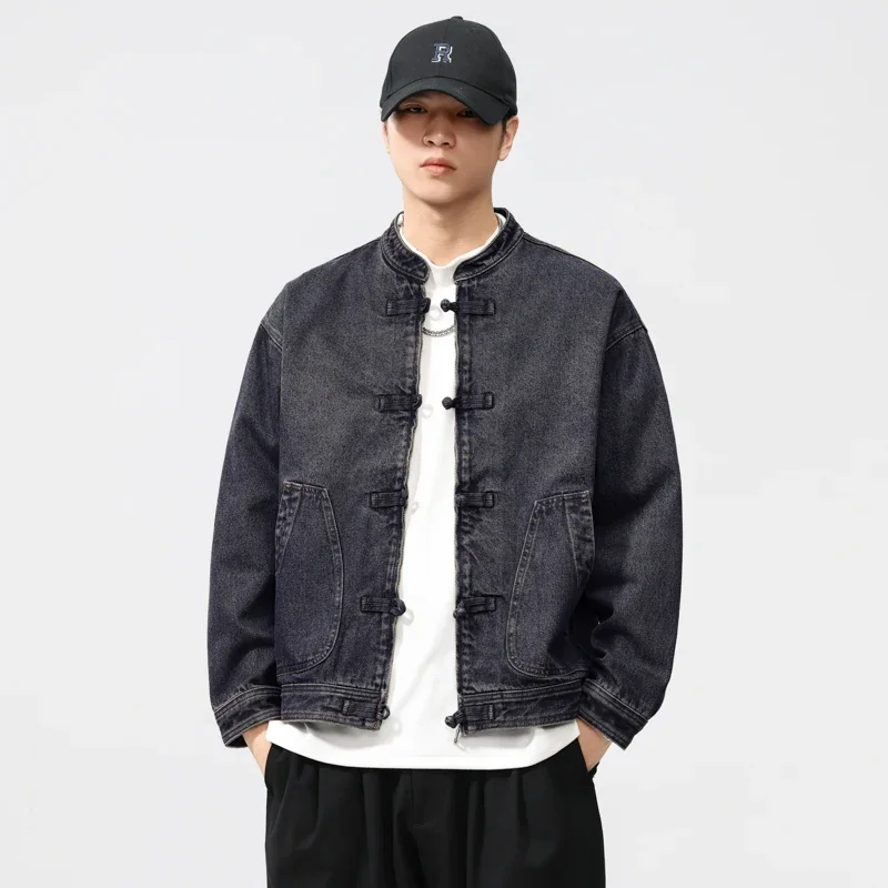 

Men Spring Autumn Streetwear Fashion Retro Loose Casual Plus Size Stand Collar Denim Jacket Man Jeans Coat Outerwear