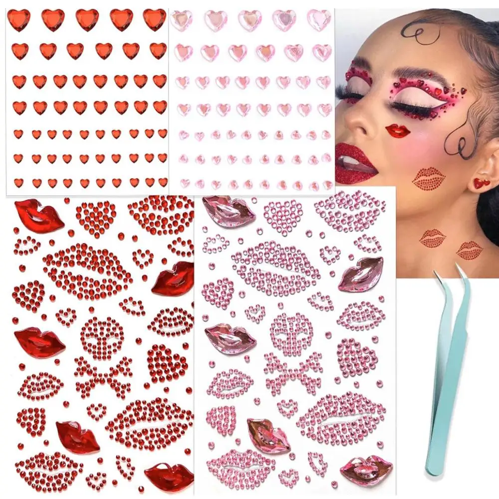 3/4Sheets Face Gems Self Adhesive Jewels Red Face Glitter Lip Hair Gems Festival Kiss Stickers for Makeup Eye Hair Body Nail