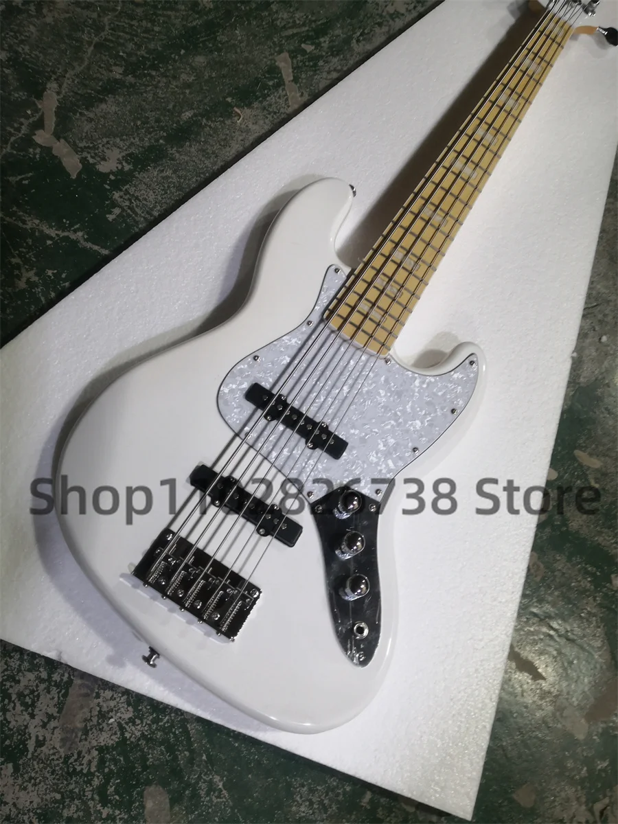 White electric bass 5-string Jaz body Maple fingerboard 21 Frets White Pearl pickup board Maple Neck Chrome hardware factory cus