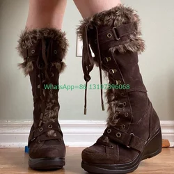 Lady Punk Dark Brown Suede Fur Wedges Heel Knee Boots Buckle Strap Lace-Up Platform Feather Fur Calf Boots Footwear Warm Runway