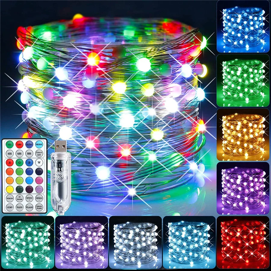 PAMNNY 10M/20M Christmas Tree Fairy Lights with Remote USB RGB Copper Wire Garland String Lights for Garden Party Wedding Decor