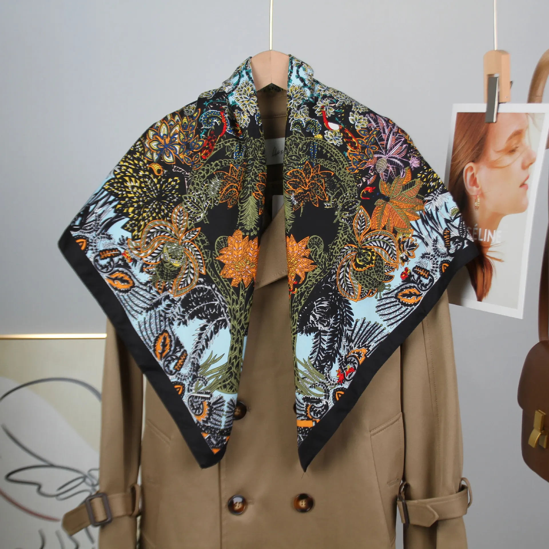 New Design Trendy Luxury Wrap Scarf, Twill Fabric Flower Print 90cm Square Scarf, High-End Silk Scarf for Women Shawl image 4