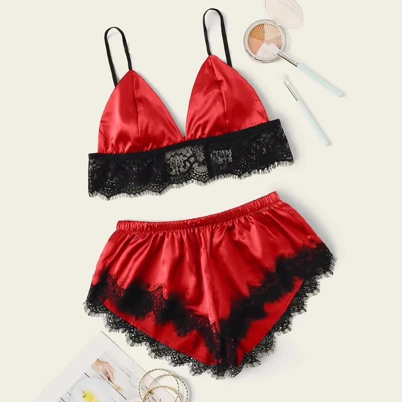 

2025 Women Pajama Suit Fashion V-Neck Stretch Satin Babydoll Lace Sexy Lingerie Bowknot Pyjamas Sleep Shorts Set Sleepwear New