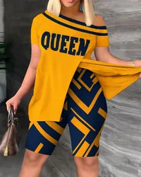 Casual Short Sleeve Slit Tshirt Shorts Set Office Lady Summer Off Shoulder Slash Neck Print Two Piece Set Women Outfit 2023