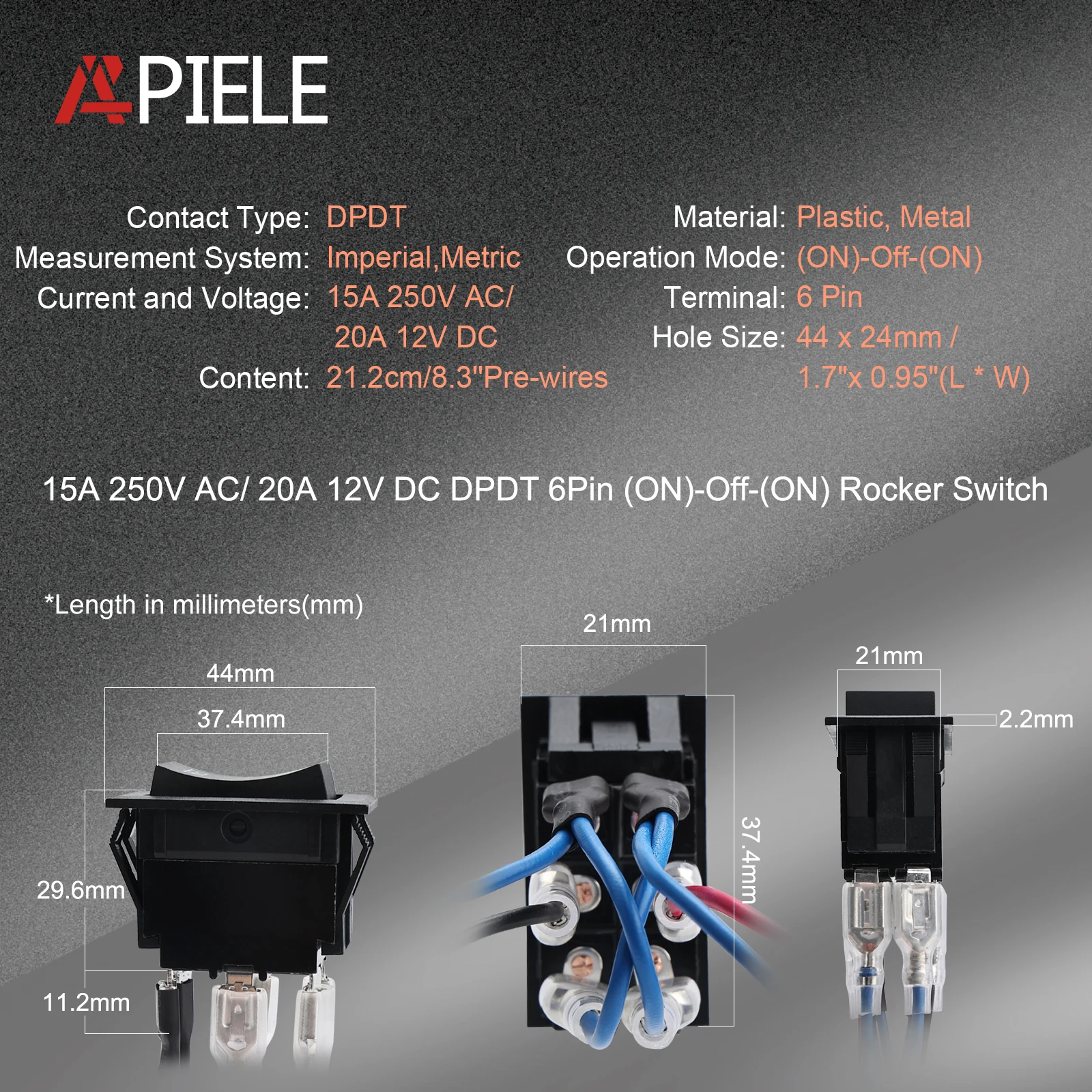 APIELE Momentary Switch Polarity Reverse 4/6 Pin (ON)-OFF-(ON) Power Jack Rocker Switch Auto Control Reset Toggle with Pre-Wire