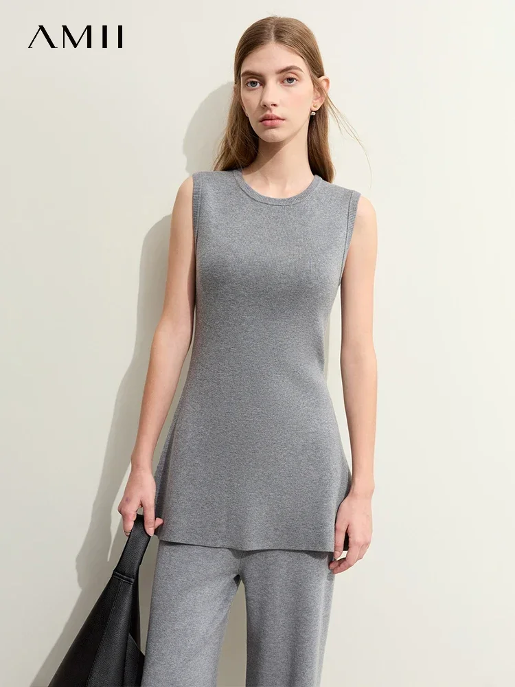 Amii minimalista feminino camisola colete 2025 inverno nova moda em torno do pescoço sem mangas camisola de malha de lã sólida senhora topos 12354047