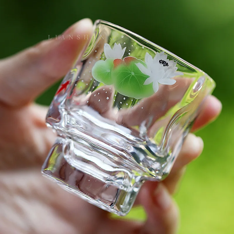 Fish Playing with Lotus Tall Glass Water Cup Hand Brewed Coffee Origami Cup Good-looking Wine Glass Master Teacup Tasting Cup