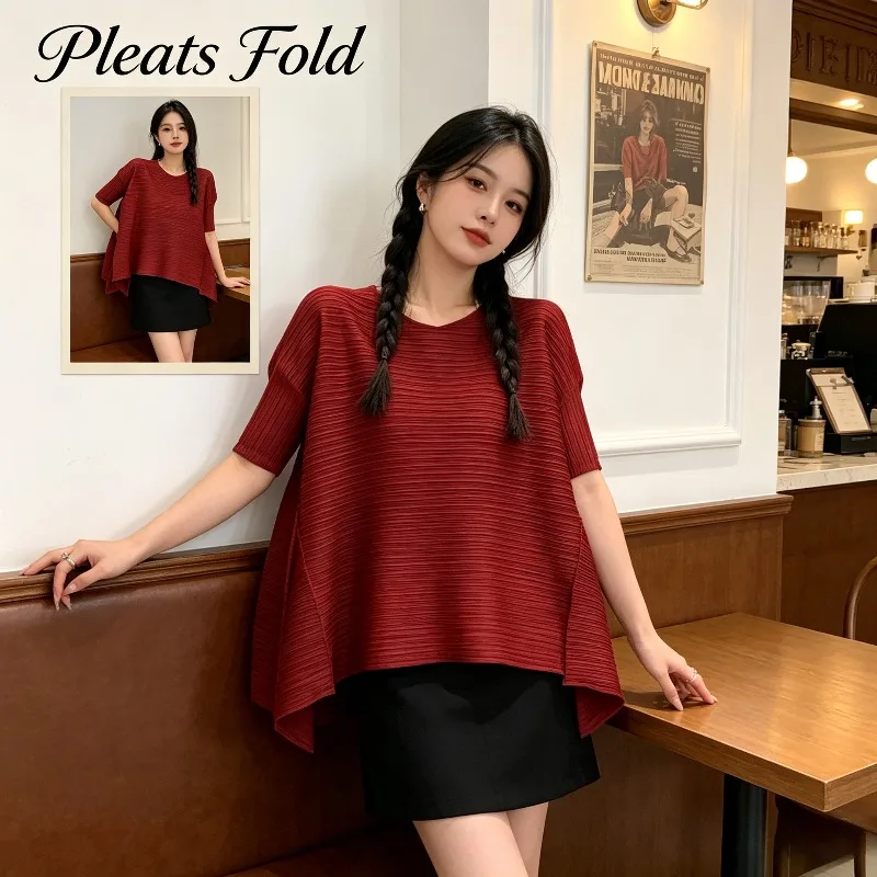 Miyake Pleated New 2026 Summer Round Neck Irregular Top Women Loose Fit Large Hem Mid-Sleeve Versatile Short Sleeve T-Shirt