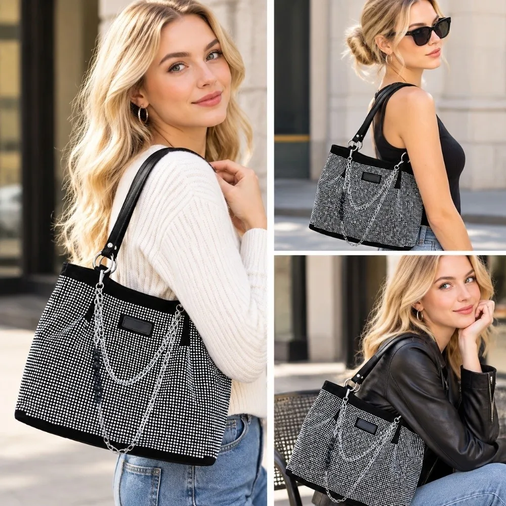 Large Capacity Shoulder Handbag Bling Rhinestone Decor PU Leather Crossbody Bag Zippered Closure Chain Shoulder Bag for Women