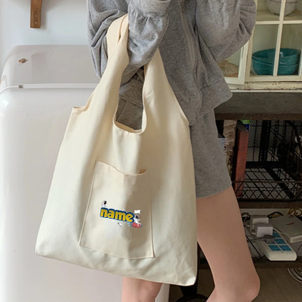 Customized Name Large Capacity Canvas Bag Foldable Shopping Bag Washable Casual Shoulder Bag Customized Product