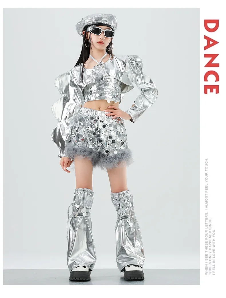 Mädchen Silbernes Pailletten-Jazz-Hip-Hop-Tanzkostüm Streetdance-Bühnenoutfit Glitzerndes Pailletten-Tanzoutfit-Set – Detail 13