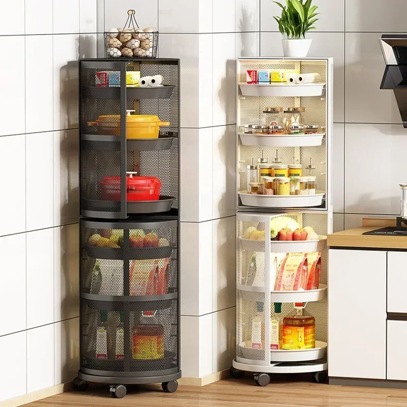 Organizador multifuncional de cocina de lujo, estante de almacenamiento para verduras, gabinete, estante giratorio de esquina con puerta, carrito móvil con ruedas