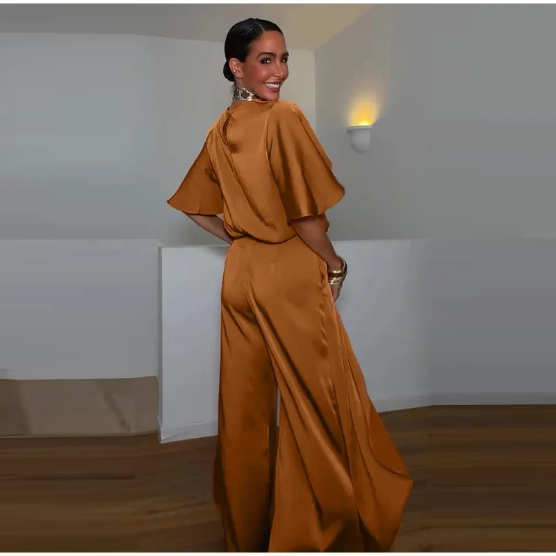 O-Ausschnitt Kurzarm Plissee-Oberteil Hosen-Sets Damen Streetwear Einfarbige Lose Blusen-Oberteile Unregelmäßige Weite Hosen Schicke Damen-Outfits – Detail 7